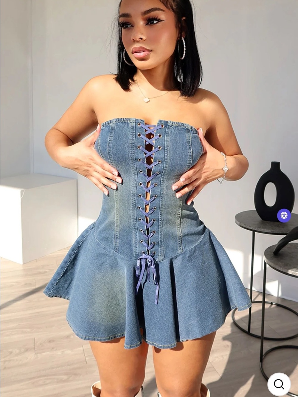 Strapless Lace-Up Denim Mini Dress - Blue